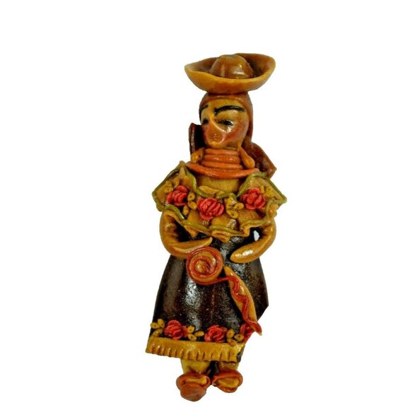 Handmade Other - Vintage Bread Dough Mexican Folk Art Figurine With Hat and Floral Dress